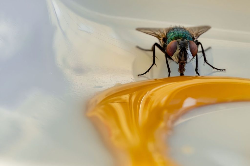 Close-up macro photograph capturing a greenbottle fly sipping on sweet syrup, highlighting its compound eyes and metallic colors.